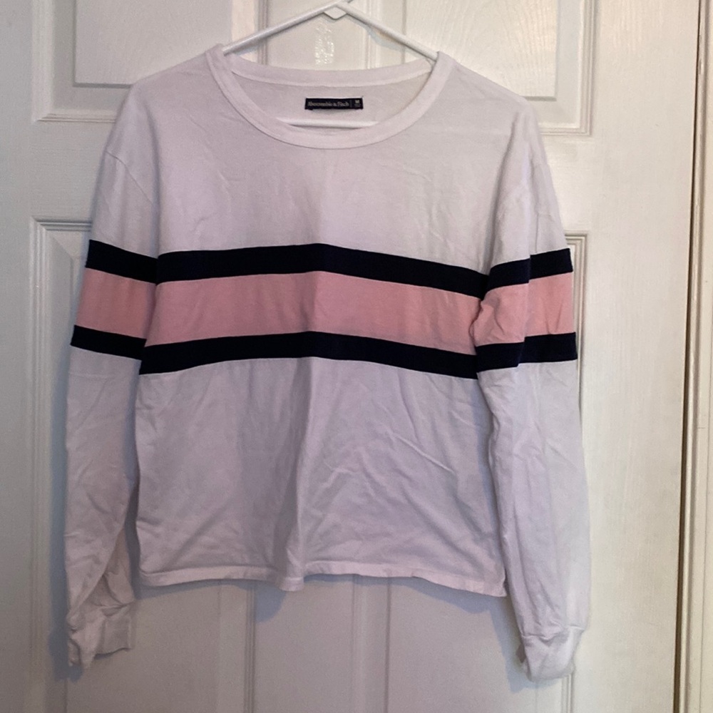 Abercrombie and Fitch White long sleeve with a pink and two black stripe design